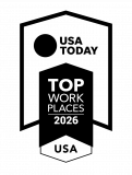 Black and white badge reading "USA TODAY Top Work Places 2026 USA" with geometric shapes.