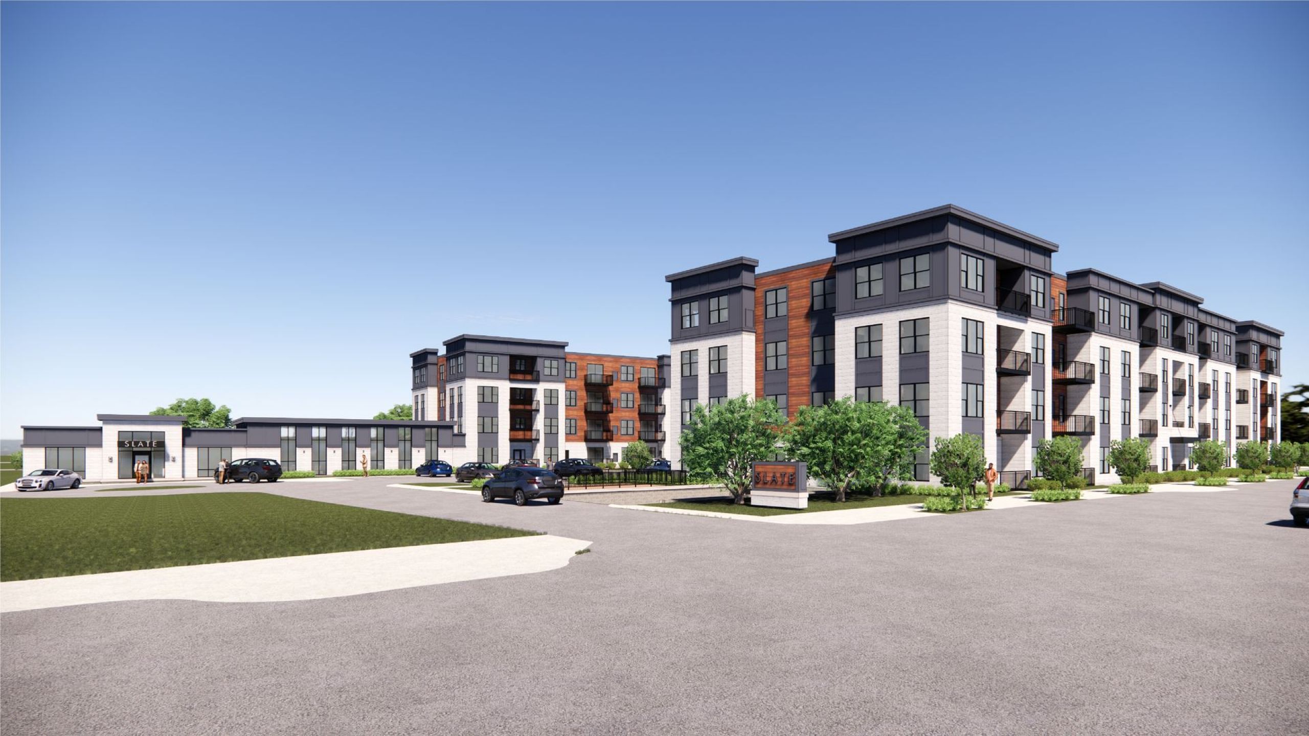 Rendering of the exterior of Slate apartments in Des Moines, IA