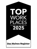 Black and white "Top Workplaces 2025" banner by Des Moines Register.
